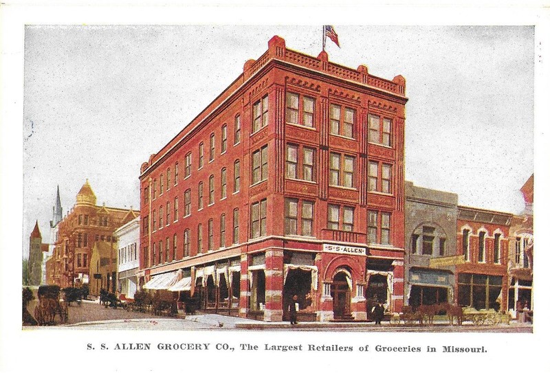 Postcard of the S.S. Allen Company at Seventh and Edmond Streets. The Schneider Building can be seen in the background with the domed tower. Image provided by the St. Joseph Museums, Inc.