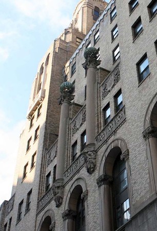 Close-up view of detailing on the building's facade