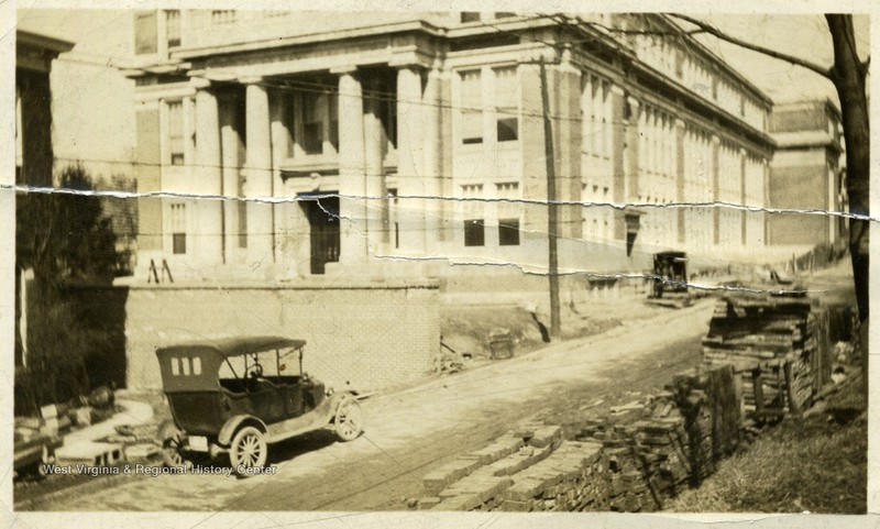 Oglebay Hall under construction, circa 1917. By naming the building after Earl Oglebay, WVU hoped to convince the West Virginia philanthropist to contribute toward its construction fund. Courtesy of the West Virginia & Regional History Center.