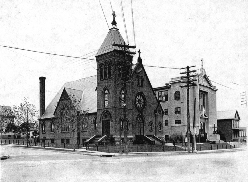 Church, school, and the original rectory c. 1928