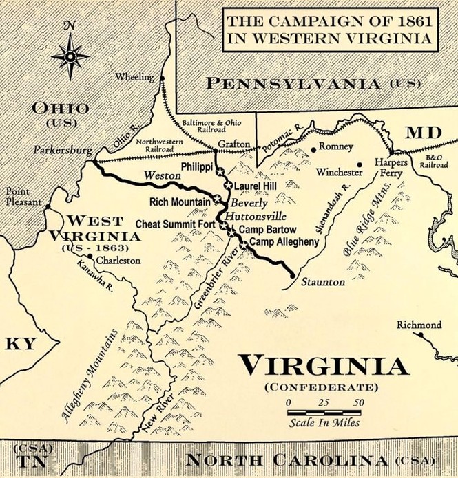 Map of the 1861 campaign that culminated in the Battle of Rich Mountain. Courtesy of the Rich Mountain Battlefield Foundation.