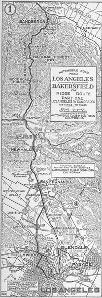 Ridge Route map, southern portion. Automobile Club of Southern California