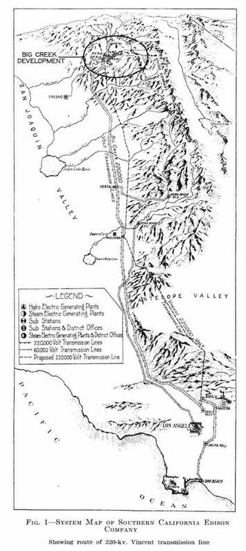 Southern California Edison System Map, circa 1920s. Source:
C.B. Carlson and Harold Michener, "The Vincent 220-Kv. Transmission Line: Engineering and Construction Features," Journal of the American Institute of Electrical Engineers 45, no. 12 (1926).