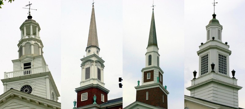 Steeples of churches in Church Circle, 2011; from left: Woodyard Center, Methodist Church, Presbyterian Church, Baptist Church