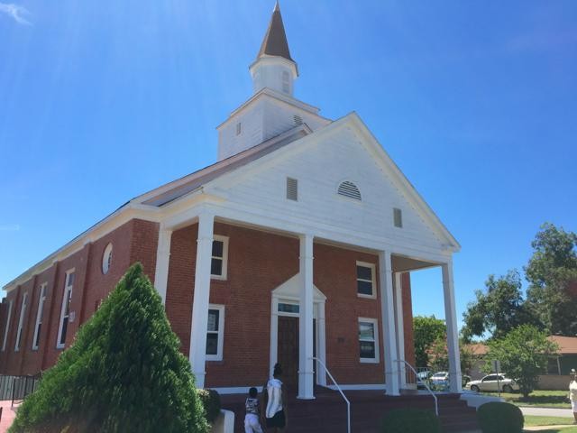 Classical Facade of Simpson Memorial Methodist Church, which dates from 1952.