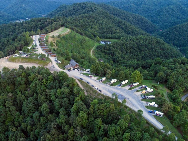 An aerial view of the campground, cabins, and surrounding land.
