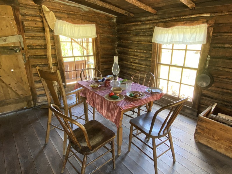 The interior of the cabin, showing a dining table set with china, a lantern, and plastic food