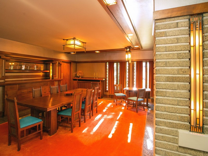 Dining Room with table and chairs designed by Wright. Photo credit: Milwaukee Journal Sentinel