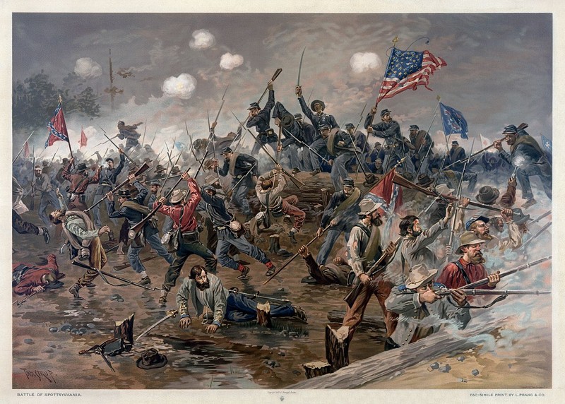 The Battle of Spotsylvania, by Thure de Thulstrup. This scene is of the Union breakthrough at the Mule Shoe using the new charging tactic devised by Emory Upton. 