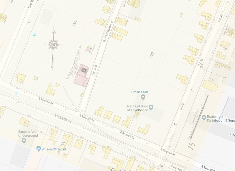 This shows the 1914 Sanborn Map of Fayetteville on top of a 2018 Google Map. 541 Russell Street sits just in front of the current location of Overhead Door of Fayetteville.