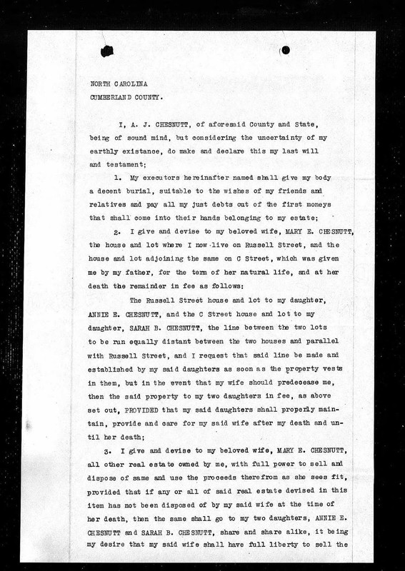 Will of Andrew Jackson Chesnutt: Page 1, listing the way in which his property is to be divided after his death.