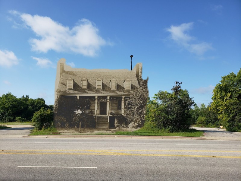 The Perry Homestead: an image of the home blended with a photograph of the location in 2018.