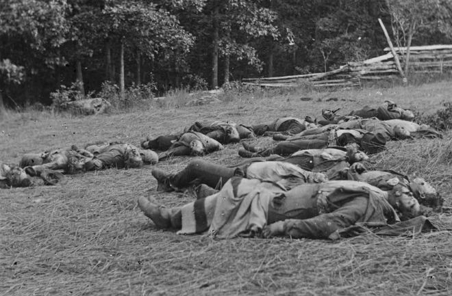 These were photo's taken after the battle of Gettysburg was finished: http://news.discovery.com/history/us-history/battle-gettysburg-150-anniversary-photos-20130701.htm