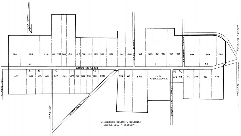 A diagram of the houses included in the Greensboro Street Historic District