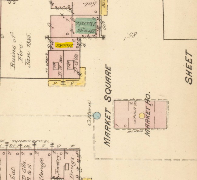 This 1885 Sanborn Map shows the location of George Haigh's bookstore at upper left.