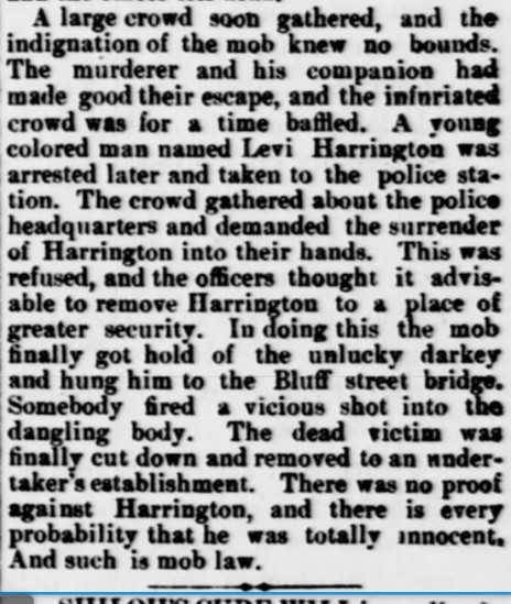 Newspaper clipping featured in Sedalia Weekly Bazoo describing the lynching 