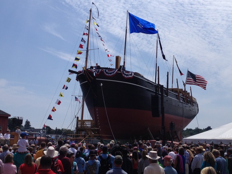 The Morgan being relaunched in 2013.  Notice the masts have yet to be installed. 