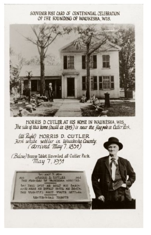 1930's postcard showing the Cutler house, a memorial plaque in Cutler Park, and Morris D. Cutler himself