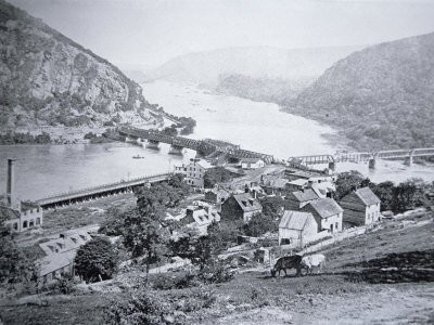 View of Harpers Ferry with Maryland Heights in the background before the war. Circa 1860. 