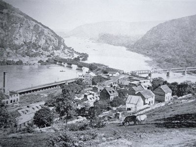 View of Harpers Ferry with Maryland Heights in the background before the war. Circa 1860.