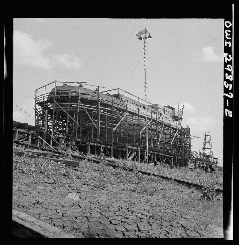 During World War II, U.S. Army LT boats were constructed high on the banks of the Ohio River and slid down into the water via the skids at right. (Library of Congress).