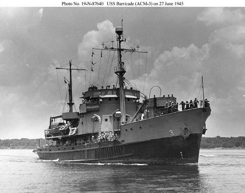 USS Barricade, a minelayer built at Point Pleasant for the Army and later converted for Navy use at Norfolk. She served in the Mediterranean and Atlantic during World War 2 (NavSource).