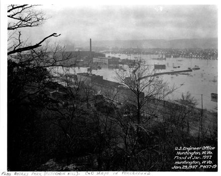 Flood of Jan. 1937, from Rotary Park, with C&O shops in foreground and ultramarine plant with high stack