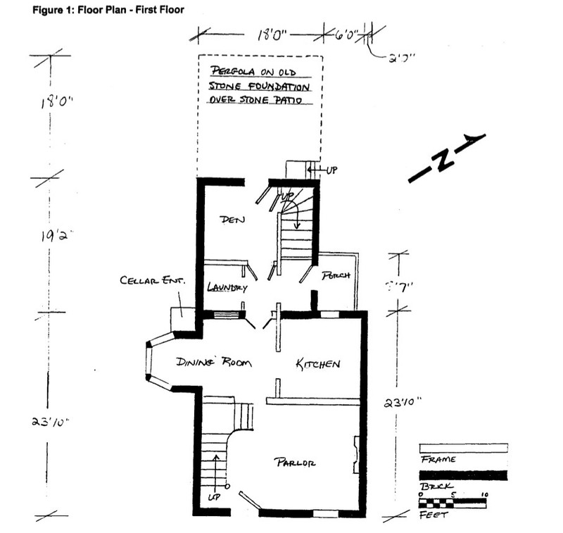 Sketch of floor plan of first floor of Mary and Oscar Burch House in 2002 (Beetem)