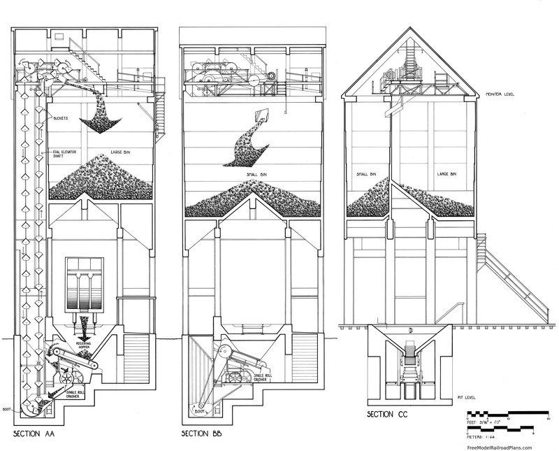 These diagrams of the tower depict how coal moved through the structure.