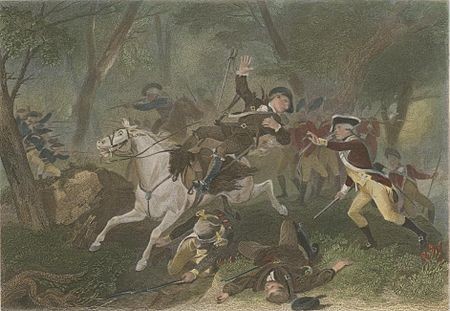 An engraving depicting the death of Major Patrick Ferguson