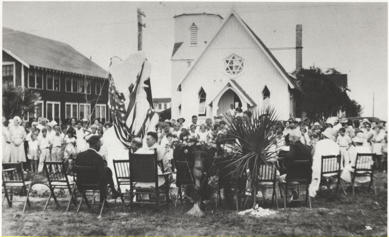 Original location. 1932 Dedication of Lindbergh Memorial to Children. Church was then located at the corner of 2nd Street and 2nd Avenue, South, in Jacksonville Beach.