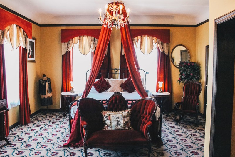 Pictured is the "Lady in Red" Suite, named after a ghost who is said to haunt the hotel.