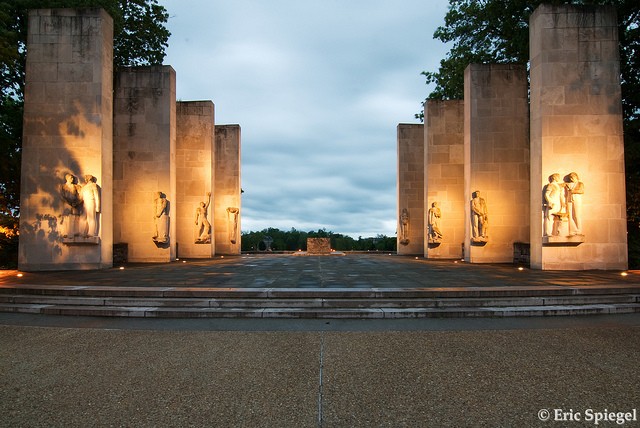 This is an image of the eight pillars on the upper level of the memorial that hold all the names of fallen alumni.