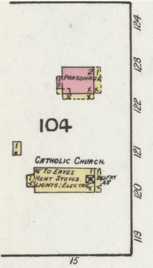 Former wood frame (yellow) church on 1919 Sanborn map on west side of N. Dunlap Ave. (p. 4)