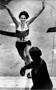 Joan Benoit wins the Boston Marathon; she is the first person to win the Boston and Olympic marathons. 