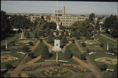 Memorial Park. View from Calgary Public Library roof. Colonel Belcher Hospital in distance, South African War memorial in the centre, 