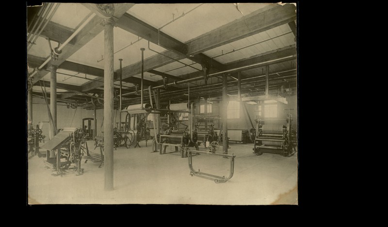 Cloth finishing equipment at Lowell Textile School, ca. 1900-1920.