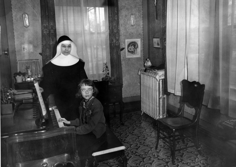 Sister Felicitas Dreiling and a music pupil at St. Mary's convent, Fond du Lac, c. 1950.