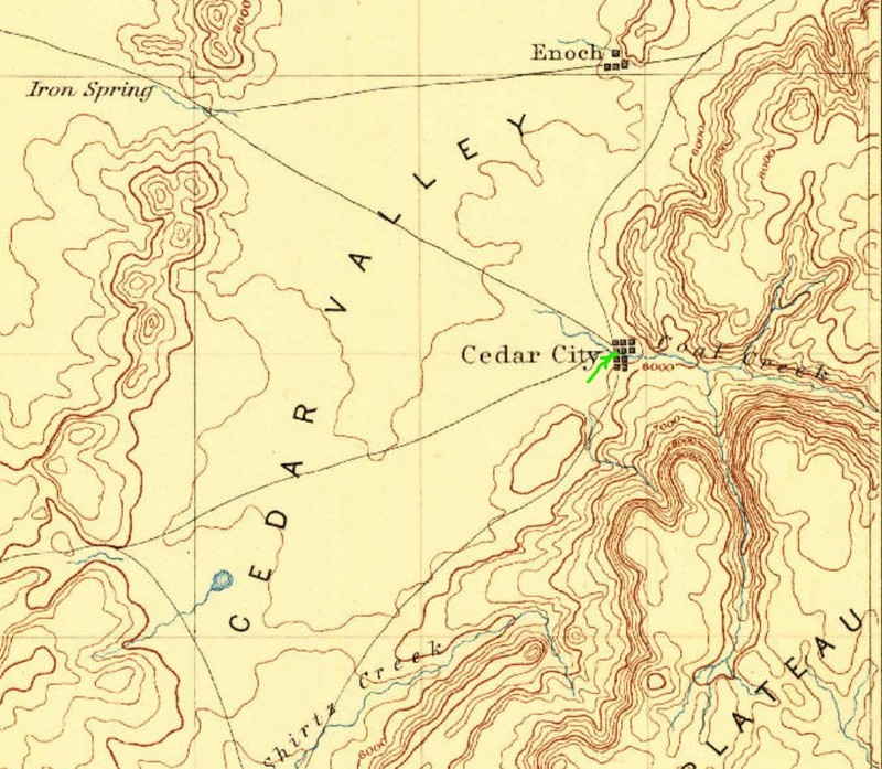 Fort Cedar approx. location (green arrow) on 1885 topographic map of Cedar City vicinity