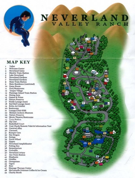 Neverland's map featuring 50 plus fairground rides and amenities. 