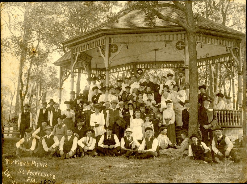 Michigan Picnic at the Williams Park bandstand in St. Petersburg, Florida, December 20, 1894. The Williams Park bandstand was built Park Improvement Association, comprised of leading women from the St. Petersburg community. 