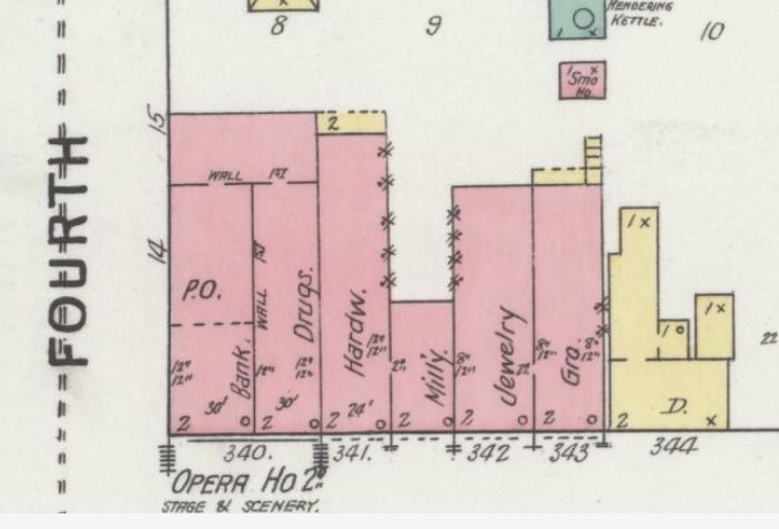 Depiction of the Rochester Opera House Block on 1895 Sanborn Fire Insurance Map of Rochester, showing Opera House on second floor.