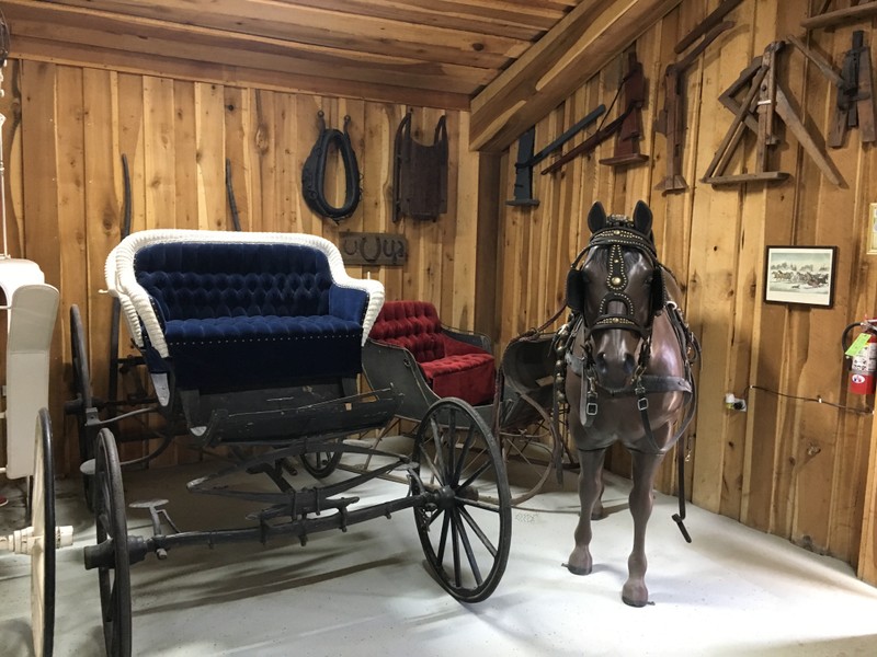 For centuries people relied on animal-drawn wagons to travel long distances. The two white carriages are from the early 1900s and were used by the upper class.