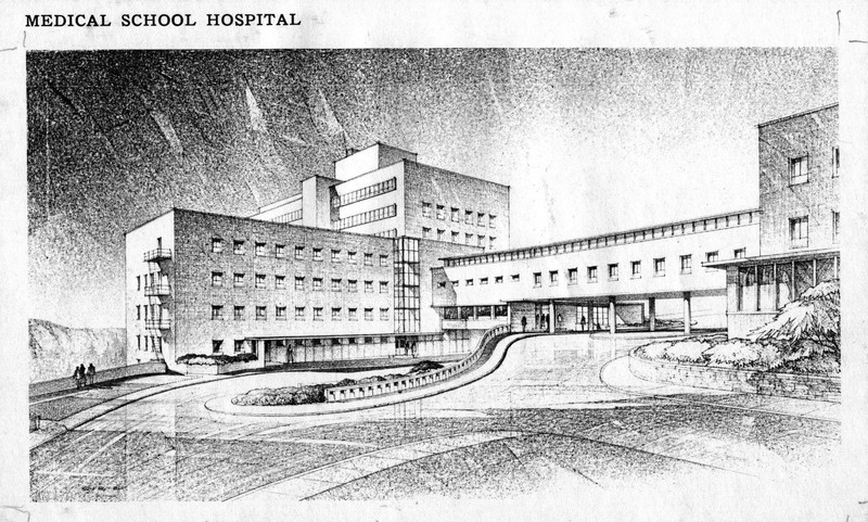 Black and white artist's rendering of a proposed expansion to the Medical School Hospital (later called OHSU Hospital). The drawing shows the hospital, the front of the Outpatient Clinic, and the bridge connecting the two buildings.