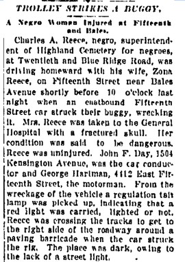 Newspaper article about a buggy crash involving Charles A. Reece and Zonia Reece. Charles Reece was an early sexton of the cemetery.