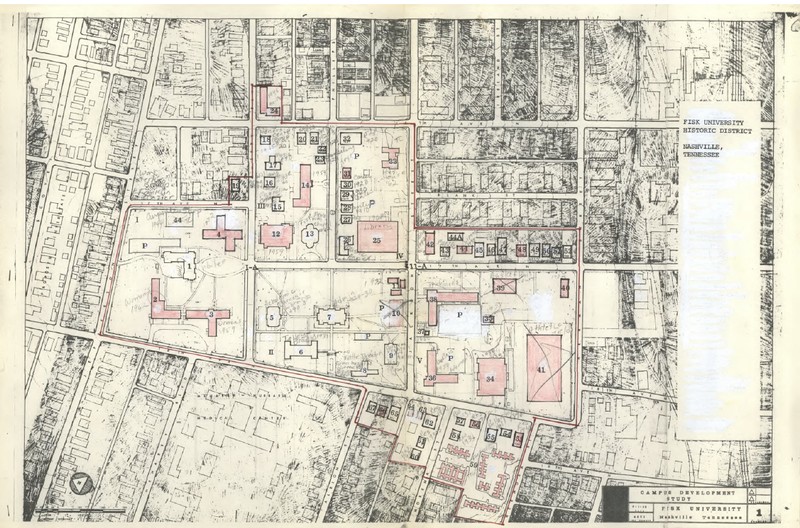 Map of Fisk University NRHP Historic District; Harris Music Building is #26; non-contibuting resources in red (Pilsk and Looney 1977)