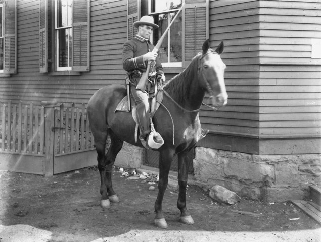 This photo shows a Baldwin Felts Agent on his horse at Glen Jean, Fayette County, 1902. 