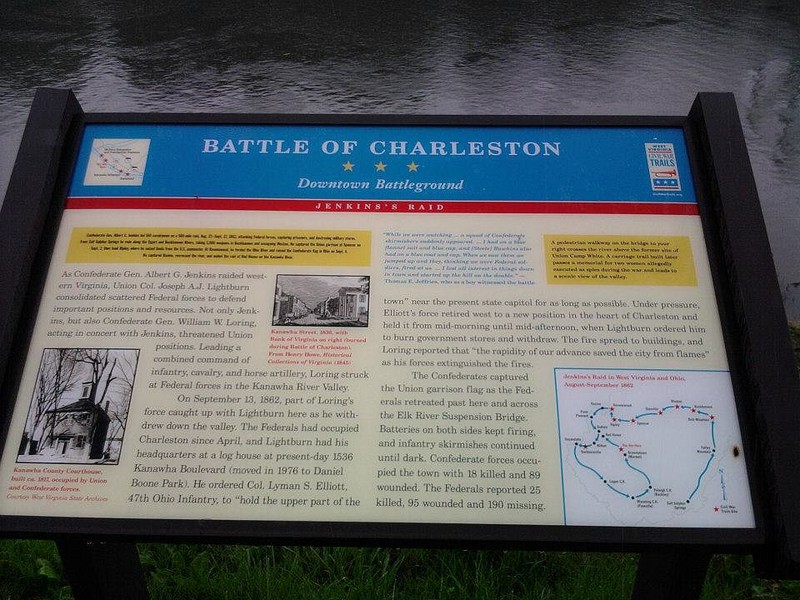 This historic marker located on the Kanawha River tells the story of the Battle of Charleston