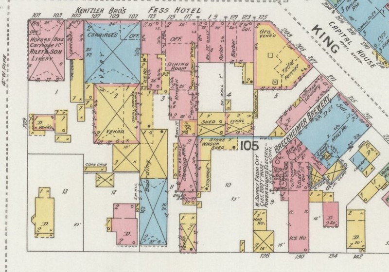 Fess Hotel & outbuildings on Lots 3, 4 and 11 on 1898 Sanborn map (p. 11)
