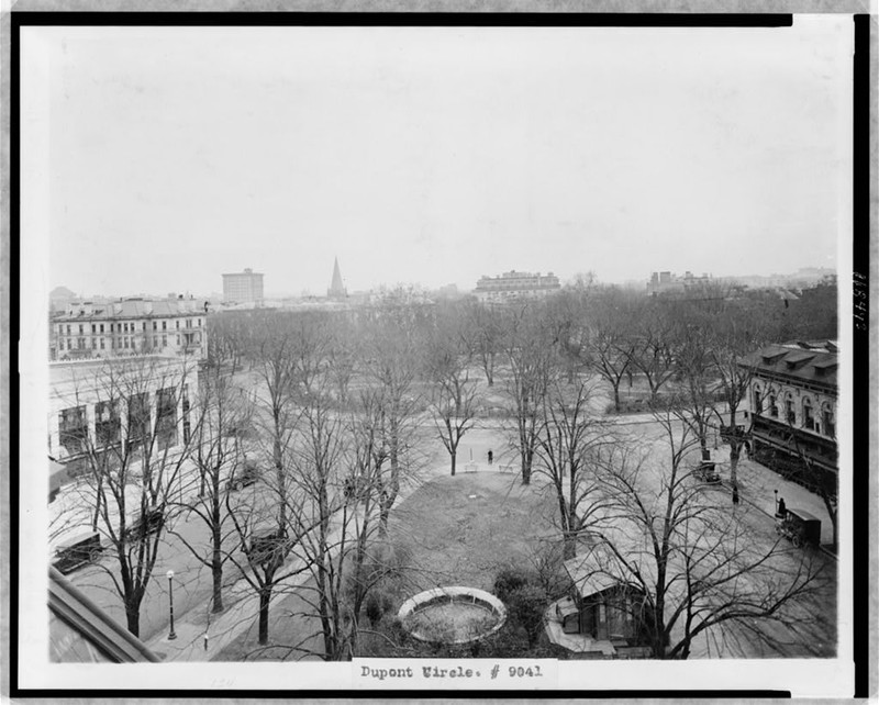 A black and white aerial photograph of Dupont Circle